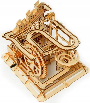 A wooden marble run model on a white background.