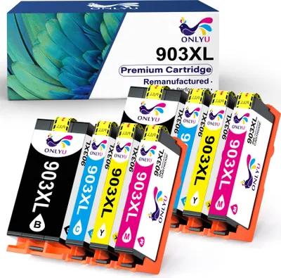 A set of remanufactured ink cartridges arranged in a display.