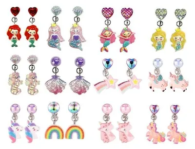 Produktbild von 12 Paar Ohrringe für Kinder mit Einhorn- und Meerjungfrauenthema