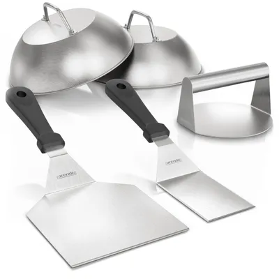 Produktbild von Arendo Smash Burger Set XXL 5-teilig, Burgerpresse Edelstahl mit Grillspachtel, Pfannenwender und 2 Schmelzkuppeln, Hamburgerpresse für Patties, Steaks und Teppanyaki, silber
