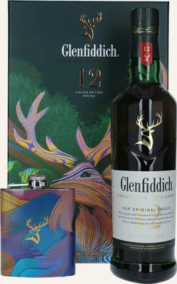 A gift set of Glenfiddich 12 Year Old single malt Scotch whisky, featuring a bottle, a gift box with artwork, and a flask.