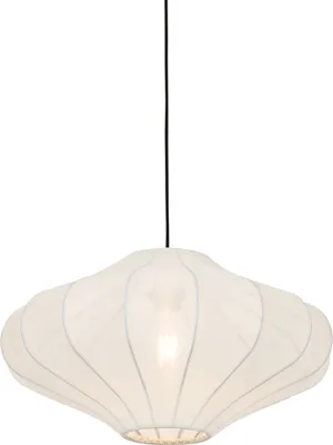 A white fabric pendant light hangs from a black cord against a white background.