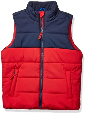 Produktbild von Amazon Essentials Jungen Daunenweste Als Schwere Oberbekleidung, Marineblau Rot Farbblock, 5 Jahre