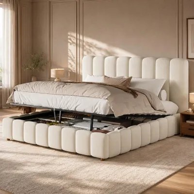 Produktbild von okwish Polsterbett 180×200 mit Bettkasten und Lattenrost, Doppelbett mit großem Stauraum,samt, Jugendbett in Beige,ohne Matratze, KI-generiertes Bild