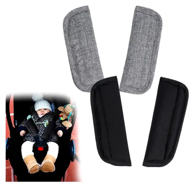 Produktbild von 2 Stück Baby Sicherheitsgurt Schulterpolster Gurtpolster für Kinderautositze Universal für Babyschale Kinderwagen Buggy & Autositz in Schwarz und Grau