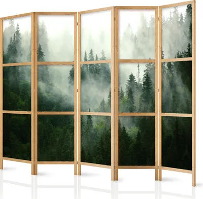 Image de Paravent XXL Forêt Brume Nature 225x171 cm - 5 panneaux - simple face - élégant brise-vue - séparateur de pièce - cloison - séparateur d'espace - bois - motif design - décoration - Japon c-B-0443-z-c