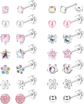 Produktbild von Omgoods – Ohrring-Set, 12/14 Paar – Hypoallergene Ohrstecker – Chirurgischer Stahl – Flache Rückseite – Rosa Ohrringe – Bequemes Design – Ohrring-Set