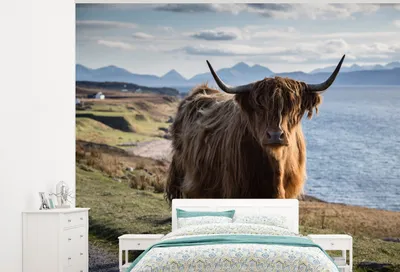 Produktbild von MuchoWow® Fototapete für Wohnzimmer oder Schlafzimmer Wandtapete Vinyl Motivtapete Schottische Highlander - Bergen - Meer - 275x220 cm - Gemustert