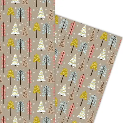 Produktbild von Schönes handgemaltes Retro Weihnachts Geschenkpapier mit Bäumen auf beige - G5968, 32 x 48cm