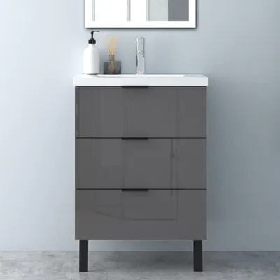 Produktbild von Badmöbel Set 60 cm Dunklegrau Hochglanz Dick Keramikbecken Hängeschrank mit Schrankfüße Griff Softclose selbstmontiert