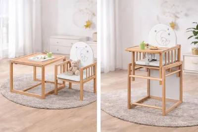 Immagine prodotto di Seggiolone pappa Wiktoria in legno 2 in 1 con tavolino – stabile, sicuro, compatto – design Teddy per bambini