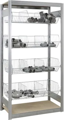 Produktbild von Kleinteileregal FALKE Stecksystem mit Gitterkörben | Grundregal | HxBxT 200x101x50cm | 4 Gitterkörben Ebenen + 2 Stahlplatten-Fachboden | Fachlast 35kg | Verzinkt