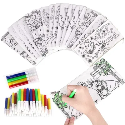 Produktbild von 32 Stück Set 16 Federmäppchen zum Ausmalen + 16 Farben Stifte