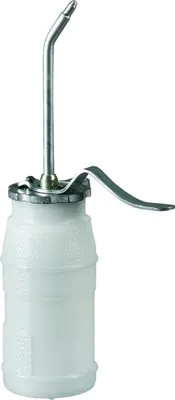 A white oil can with a metal spout and lever.