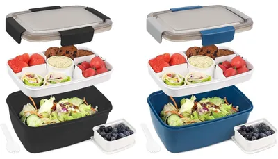 Obrázok produktu pre Obedárová krabička pre dospelých, 2000 ml, sada 2 kusov, s tesnením proti úniku, obedárová krabička s priehradkami, krabička na šalát na cesty, modrá + čierna