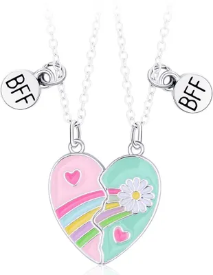 Produktbild von Náhrdelník Bixorp Friends BFF pre 2 s ružovým a modrým srdcom - Strieborná farba - Daisy & Rainbow - Magnetický náhrdelník priateľstva - Dve polovice Najlepší priatelia - Darček pre priateľstvo pre dvoch
