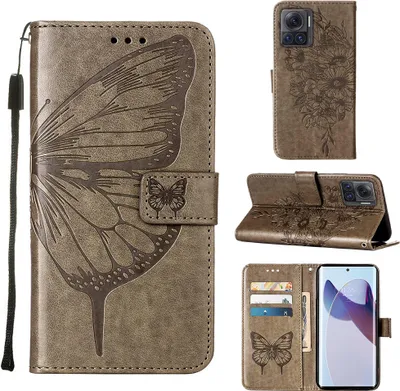 Produktbild von Moto X30 Pro Hülle, Schmetterling Prägung Flip Leder Kartenfächer Schutzhülle Ledertasche mit Ständer für Motorola Moto X30 Pro 5G Grau