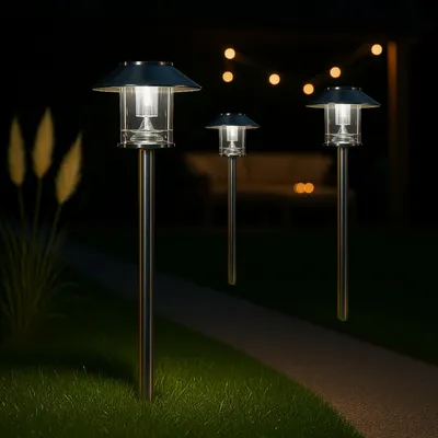 Produktbild von MeLiTec LED-Solar-Gartenlampe 3er-Set, Outdoor-Solarleuchte, Außenbeleuchtung, Solar-Wegebeleuchtung bis zu 8 Stunden Leuchtdauer, aus Edelstahl, SO26