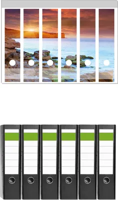 Produktbild von Wallario 6 Stück breite Ordner inkl. Klebeetiketten mit Motive Sonnenaufgang am Meer mit Landzunge und Felsen im Wasser -  Set mit Rückenschildern / Ordnerrücken Stickern