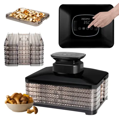 A collage of images showing a food dehydrator, its components, and dried mushrooms.