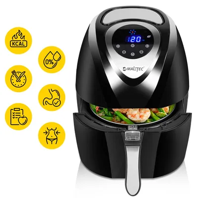 A black air fryer with food inside, surrounded by marketing icons.