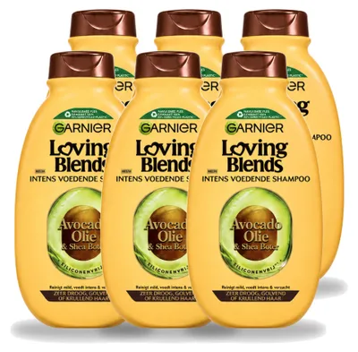 Imagen del producto de 6 champús Garnier Loving Blends, aceite de aguacate y manteca de karité, para cabello seco y rizado, 300 ml, pack de 6 unidades