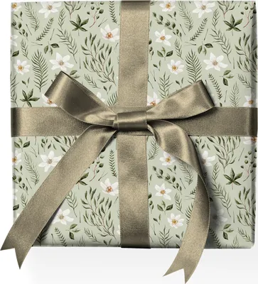 Produktbild von Feines florales Geschenkpapier mit zarten Blumen und Blüten, grün weiß - G22119, 32 x 48cm