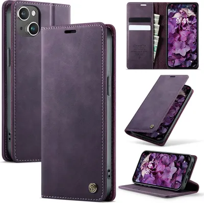 Produktbild von Handyhülle für iPhone 14 Hülle Leder mit RFID Schutzhülle Klapphülle Magnet Kartenfach Standfunktion Lila