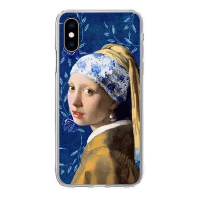 Produktbild von MuchoWow® Handyhülle Schutzhülle Hülle für iPhone X Mädchen mit Perlenohrring - Delfter Porzellan - Vermeer - Blumen - Gemälde - Alte Meister Silikon Softcase Handy Hülle - Handyhülle