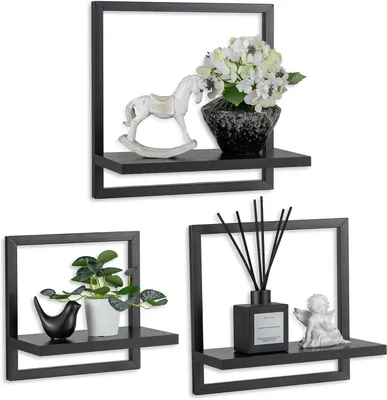 Produktbild von Wandregal Set von 3, schwarzes Metall und Holz, quadratische Wandbretter, für Wohnzimmer