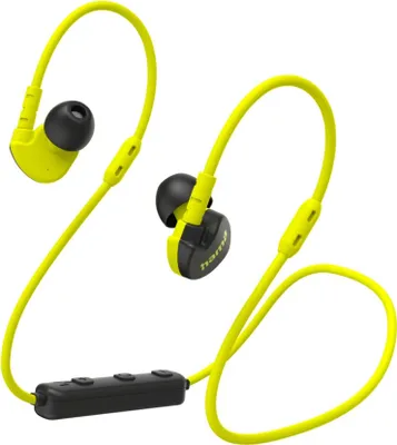 A pair of yellow and black wireless in-ear headphones with a black inline remote.