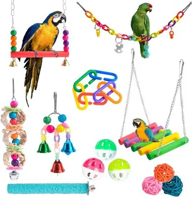 Produktbild von Parkieten-Spielzeug-Set, 17-teilig, Vogel-Schaukel-Kau-Spielzeug, für Parkiten, Aras, Falkenparkiten, Papegaien, Parkiten, Vögel (13-teilig)