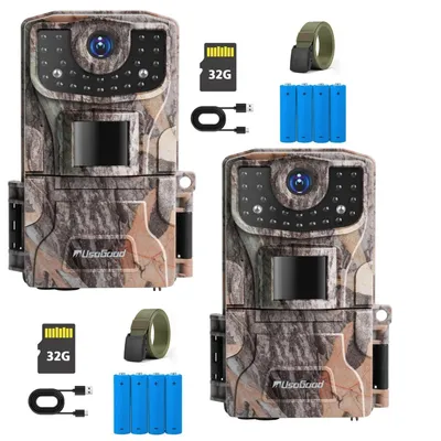 Produktbild von Usogood 2K 36MP Wildkamera mit Nachtsicht 2 Zoll HD Display wasserdichte Jagdkamera mit Bewegungsmelder Tierüberwachungskamera inkl.32GB Karte 2 Stück