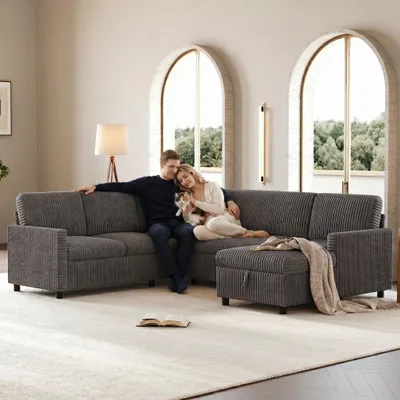 Produktbild von Merax 5 Sitzer U Form Schlafsofa Mit Schlaffunktion, Ausziehbares Ecksofa Mit Stauraum, Wohnlandschaft Mit Chaiselongue, Cord Soffa, Couch, Grau