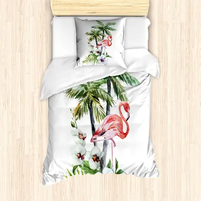 Produktbild von ABAKUHAUS Flamingo Bettbezug Set, Aquarell-Insel-Zusammensetzung exotische Forest Leaves und Hibiscus Frühling in Hawaii, 135 x 200 cm + 80 x 80 cm, Mehrfarbig