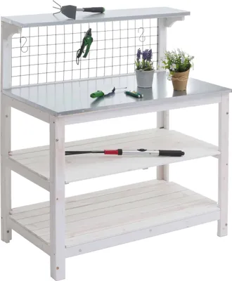 Zdjęcie produktu dla Stół do sadzenia HWC-N55, stół ogrodniczy, półka na rośliny, drewniany ocynkowany blat z certyfikatem , 117x102x56cm ~ biały