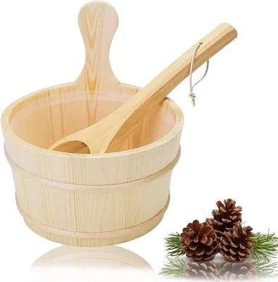 Productafbeelding van Sauna Emmer 4 Liter - Compleet 3-Delige Set - Finse Grenenhout - Sauna Accessoires - Opgietemmer Met Lepel
