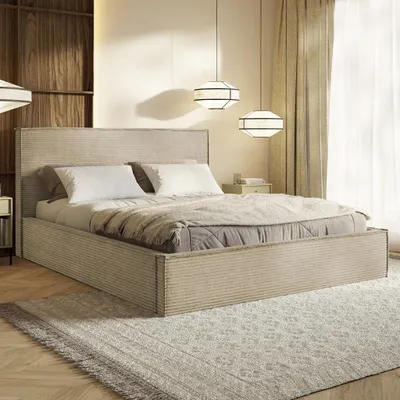 Produktbild von MOTIVENA Boho Polsterbett 160x200 mit Bettkasten, Holz Latttenrost, Bett 160x200 Beige Cord (Poso 02)