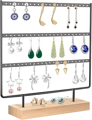 Productafbeelding van PromoHome® Oorbellenhouder - Houten sieradenhouder met 3 niveaus en 66 opbergplaatsen, zwart