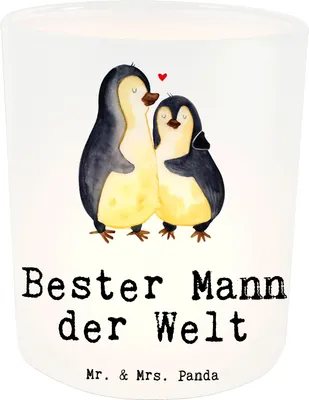Produktbild von Mr. & Mrs. Panda Teelichthalter Glas Pinguin Bester Mann der Welt - Transparent - Geschenk, Windlicht aus, Ehe, Outdoor, Kleinigkeit, Kerzenhalter, Freund, Geschenkidee