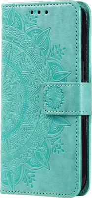A teal flip case for a Samsung Galaxy S23 with a mandala pattern embossed on the cover.