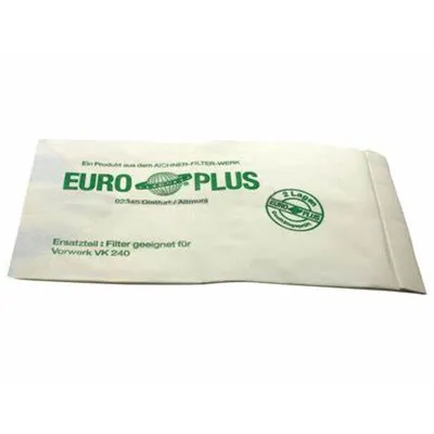 A white paper bag with green text and logos, likely for a vacuum cleaner filter.