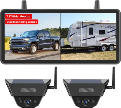 Image de Caméra de recul sans fil à énergie solaire, pour camping-cars et remorques, sans installation, écran HD 1080P de 7,2 pouces, système de caméra double, étanche