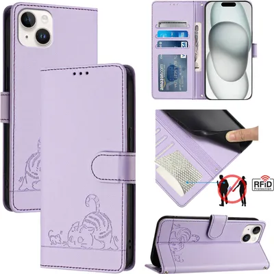 Produktbild von Leder Hülle für iPhone 15 Plus Süße Katze Flip Case Brieftasche Schutzhülle mit Standfunktion Lila