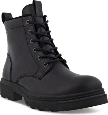 A black leather boot with laces.