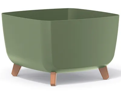 A green square planter with wooden legs on a white background.