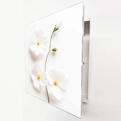 Produktbild von Schlüsselkasten Weiß Metall, weiße Blumen Motiv hinter Glas, Moderne Schlüsselbox rechtsöffnend, 32x28x6,5 cm, 20 Haken für Ordnung im Flur.