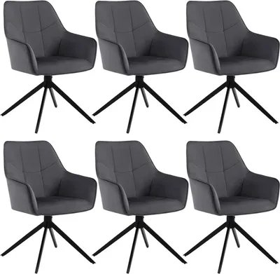 Six dark gray upholstered chairs with black metal legs are arranged in two rows of three against a white background.