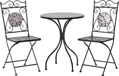 Obrázek produktu pro BELIANI Zahradní bistro sada černý kovový 60 cm kulatý stůl 2 skládací židle mozaikový vzor vintage styl zahrada exteriér