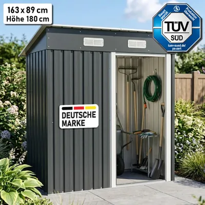 Produktbild von BRAST Gerätehaus Geräteschuppen Metall | 163x89x180cm | Pultdach | Gartenhaus mit Schiebetür | Anthrazit | wetterfest wasserdicht